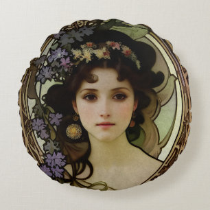Elegant Mucha Style Porträt einer schönen Frau Rundes Kissen