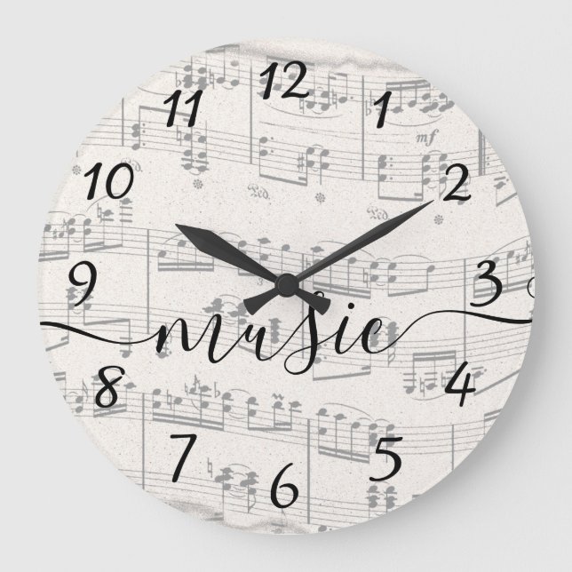 Elegant Music Notes with Script Große Wanduhr (Vorderseite)