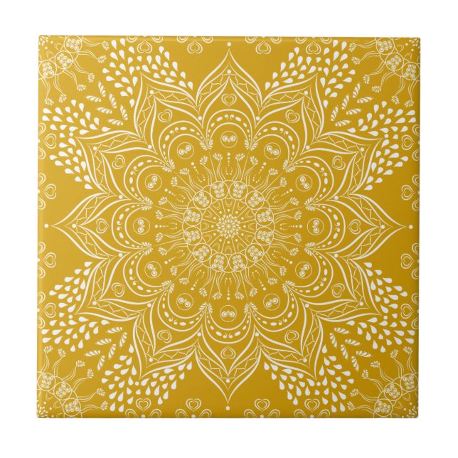 Elegant Mustard Yellow Mandala Fliese (Vorderseite)