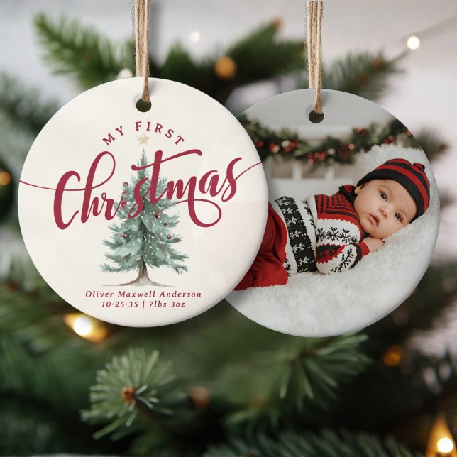 Elegant My First Christmas Tree Script Baby Photo  Keramik Ornament (Von Creator hochgeladen)