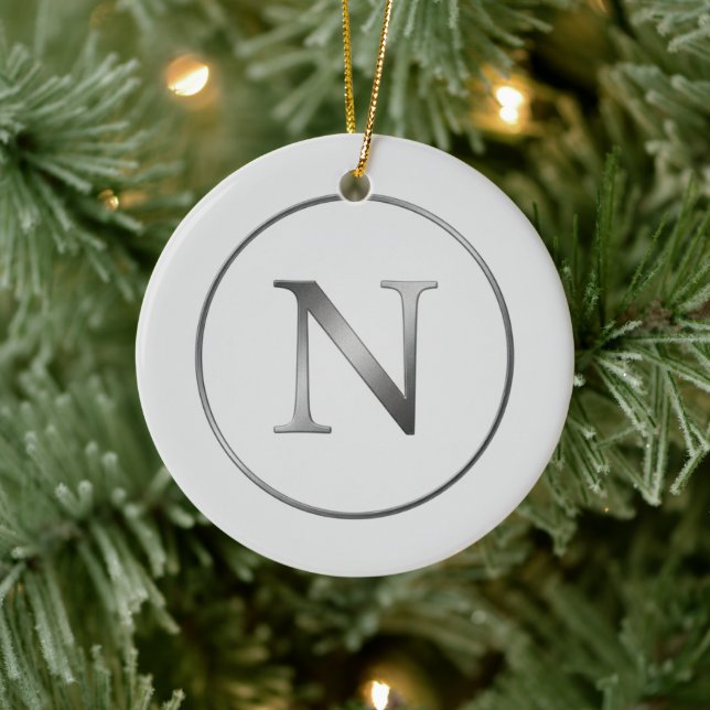 Elegant 'N' Monogram Noel Silver Line Border  Keramik Ornament (Baum)