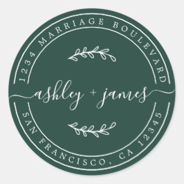 Elegant Names Dark Green Wedding Rücksendeadresse Runder Aufkleber