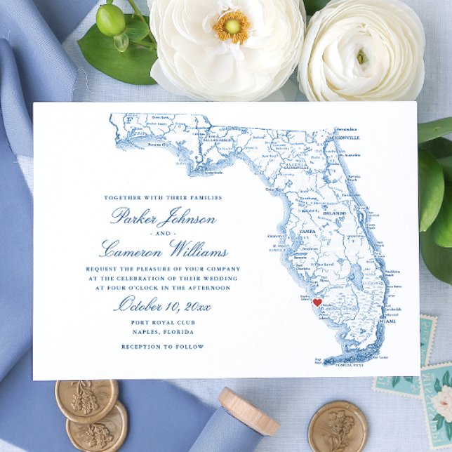 Elegant Naples Florida Map Wedding Einladung (Elegant navy blue Florida Map Wedding Invitations with heart over Naples by Coastal Map Designs.png)