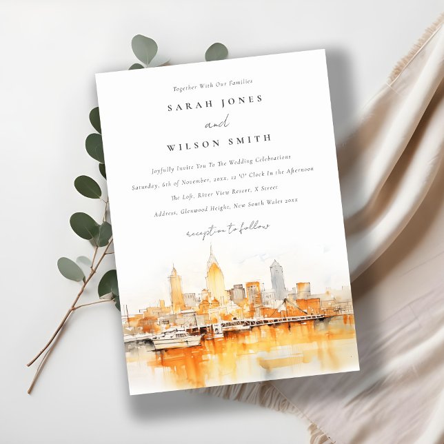 Elegant Nashville City Skyline Watercolor Wedding Einladung (Von Creator hochgeladen)