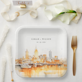 Elegant Nashville City Skyline Watercolor Wedding Pappteller