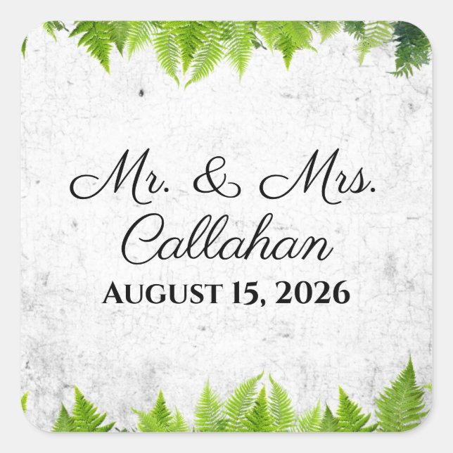 Elegant Natural Ferns Romantische Blätter Hochzeit Quadratischer Aufkleber (Vorderseite)