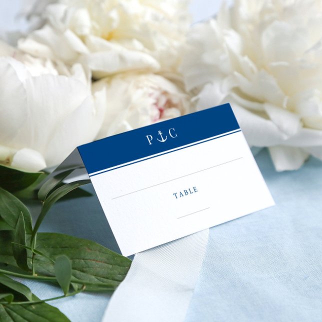 Elegant Nautical Anchor Monogram Navy Blue Platzkarte (Elegant Nautical Navy Blue Anchor place card with minimal monogram by Coastal Map Designs)