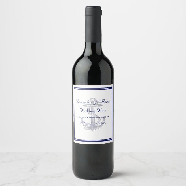Elegant Nautical Anchor Navy Gerahmt Weinetikett (Vorderseite)
