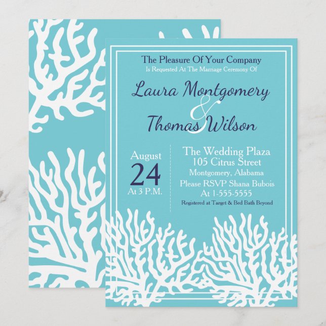 Elegant Nautical Beach White Sea Coral Wedding Einladung (Vorne/Hinten)
