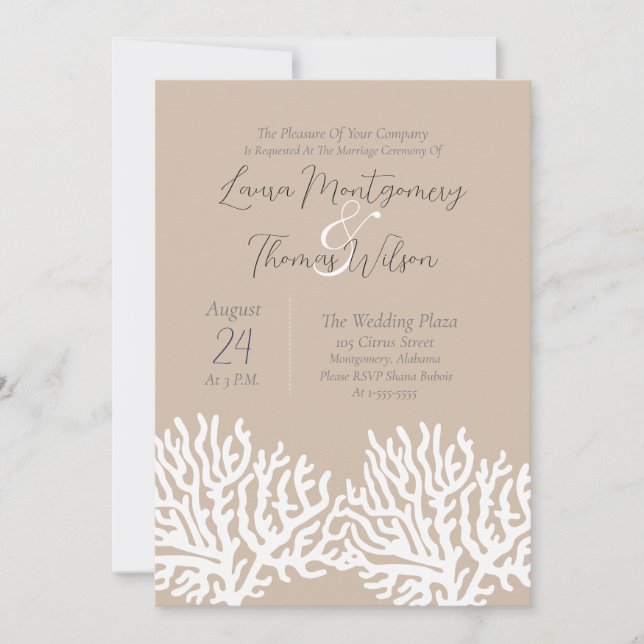 Elegant Nautical Beach White Sea Coral Wedding Einladung (Vorderseite)
