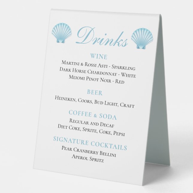Elegant Nautical Blue Muschel Beach Wedding Bar Tischaufsteller (Vorderseite)