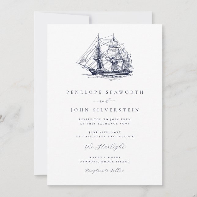 Elegant Nautical Boat Illustration Wedding Einladung (Vorderseite)