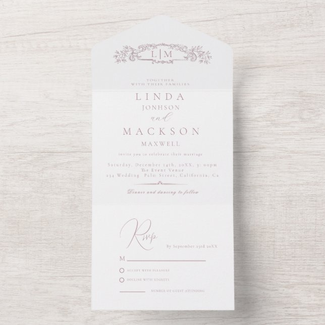Elegant Nautical botanical Wappen Monogramm Hochze All In One Einladung (Innen Boden)
