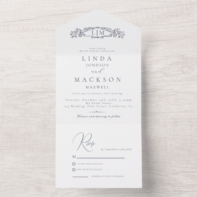 Elegant Nautical botanical Wappen Monogramm Hochze All In One Einladung (Innen Boden)