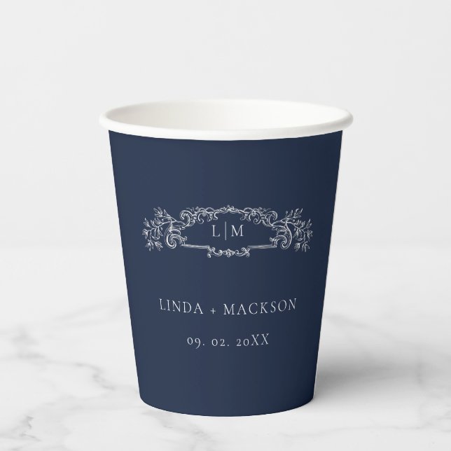Elegant Nautical botanical Wappen Monogramm Hochze Pappbecher (Rückseite)