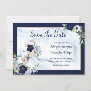 Elegant Nautical Floral Anchor Navy Blue Save The Date