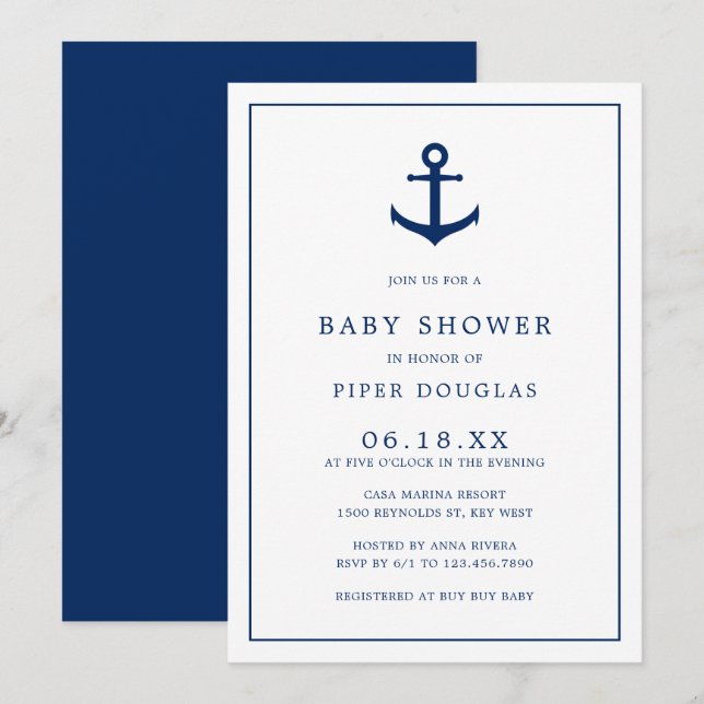 Elegant Nautical Navy Blue Anchor Boy Baby Shower Einladung (Vorne/Hinten)