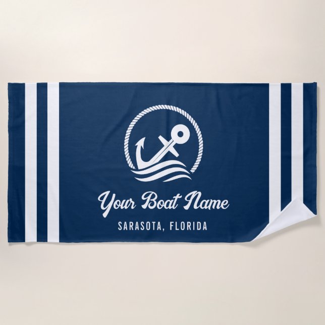 Elegant Nautical Navy Blue Custom Boat Name Strandtuch (Vorderseite)