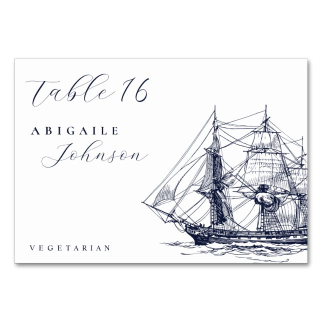 Elegant Nautical Ship Illustration Script Wedding Tischnummer (Vorderseite)