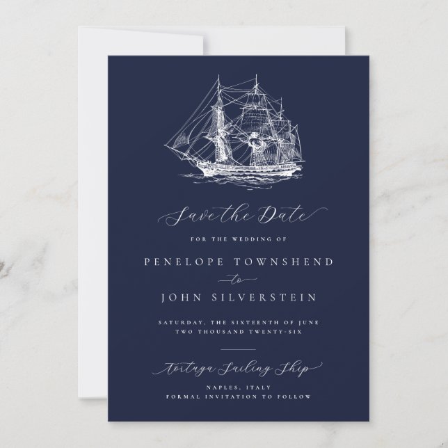 Elegant Nautical Ship Navy Blue Wedding Save The Date (Vorderseite)