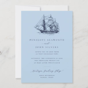 Elegant Nautical Ship Sky Blue Wedding Einladung