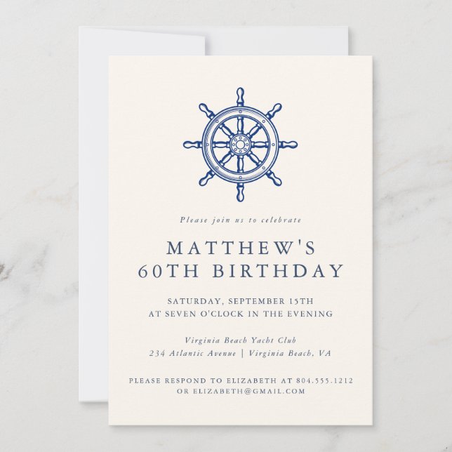 Elegant Nautical Ships Wheel Adult Birthday Party  Einladung (Vorderseite)