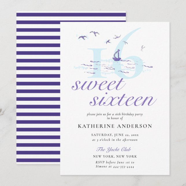 Elegant Nautical Stripes Boat Ocean Sweet 16 Einladung (Vorne/Hinten)