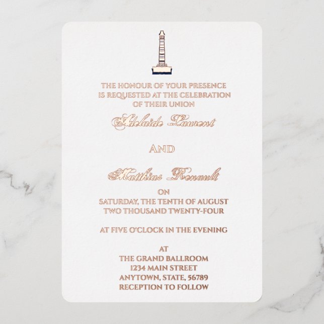 Elegant Nautical Wedding Lighthouse - Navy Blue, Folieneinladung (Vorderseite)