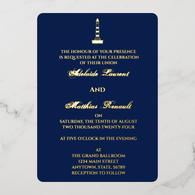 Elegant Nautical Wedding Lighthouse - Navy Blue, Folieneinladung (Vorderseite)