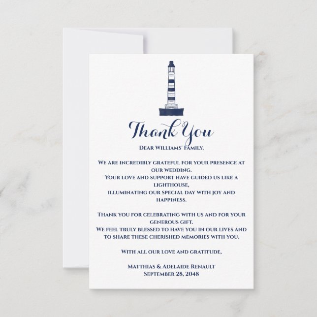 Elegant Nautical Wedding Lighthouse White & Blue Dankeskarte (Vorderseite)
