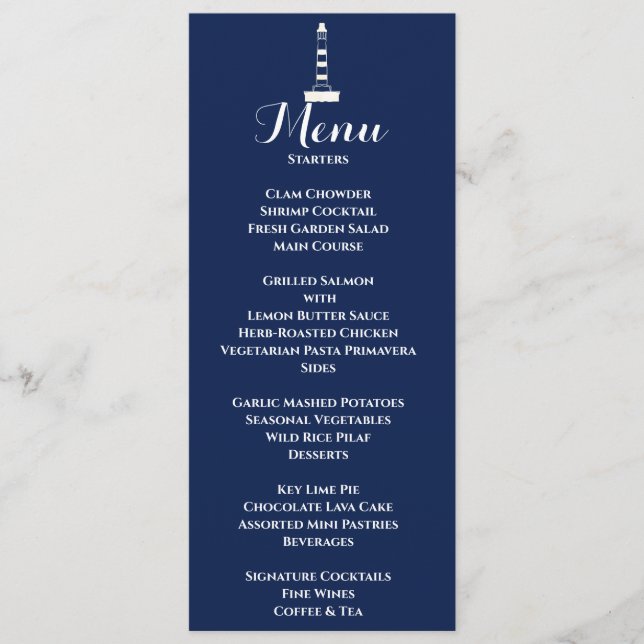 Elegant Nautical Wedding Lighthouse White & Blue Menükarte (Vorderseite)