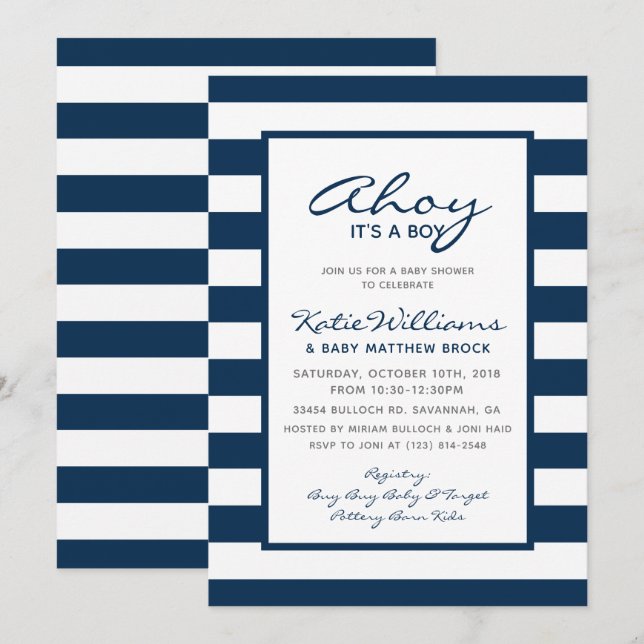 Elegant Nautical White Blue Anchor Boy Baby Shower Einladung (Vorne/Hinten)