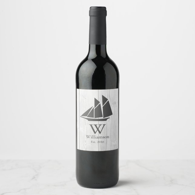 Elegant Nautical White Wood Gray Sailboat Weinetikett (Vorderseite)