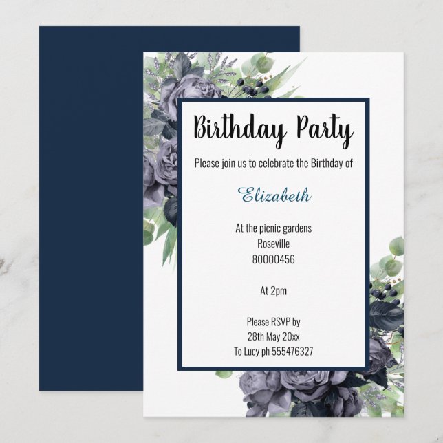 ELEGANT NAVANT BLUE BOTANICAL FLORAL EUCALYPTUS EINLADUNG (Vorne/Hinten)