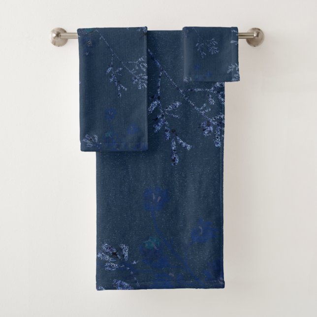 ELEGANT NAVANT BLUE FLORAL BADEZIMMER TOWEL SET (Insitu)