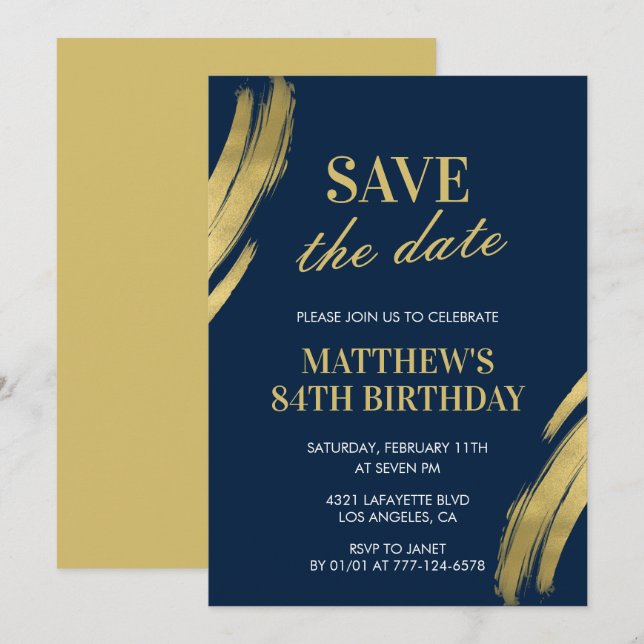 Elegant Navy 84. Geburtstag Save the Date Einladung (Vorne/Hinten)
