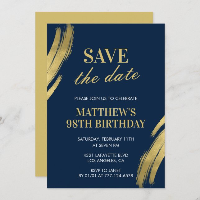 Elegant Navy 98. Geburtstag Save the Date Einladung (Vorne/Hinten)