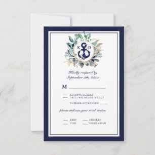 Elegant Navy Anchor Greenery Lines RSVP Karte