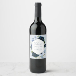 elegant navy and dusty blue floral wedding weinetikett