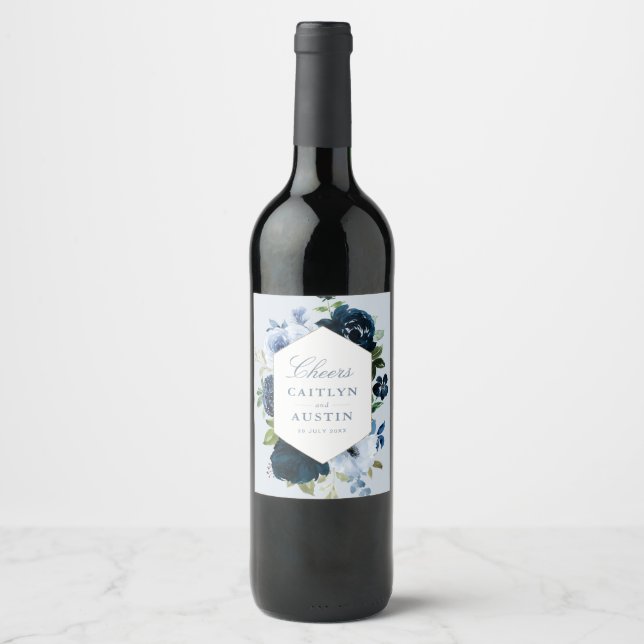 elegant navy and dusty blue floral wedding weinetikett (Vorderseite)