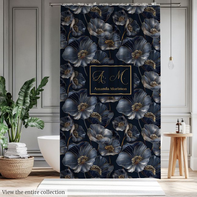 Elegant Navy and Gold Floral Bathroom Decor Duschvorhang (Navy Gold Floral Shower Curtain Elegant Monogram Art)