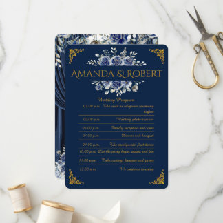 Elegant Navy and Gold Floral Wedding Program Card Programm