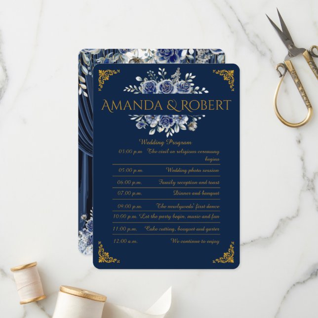 Elegant Navy and Gold Floral Wedding Program Card Programm (Vorderseite/Rückseite Beispiel)