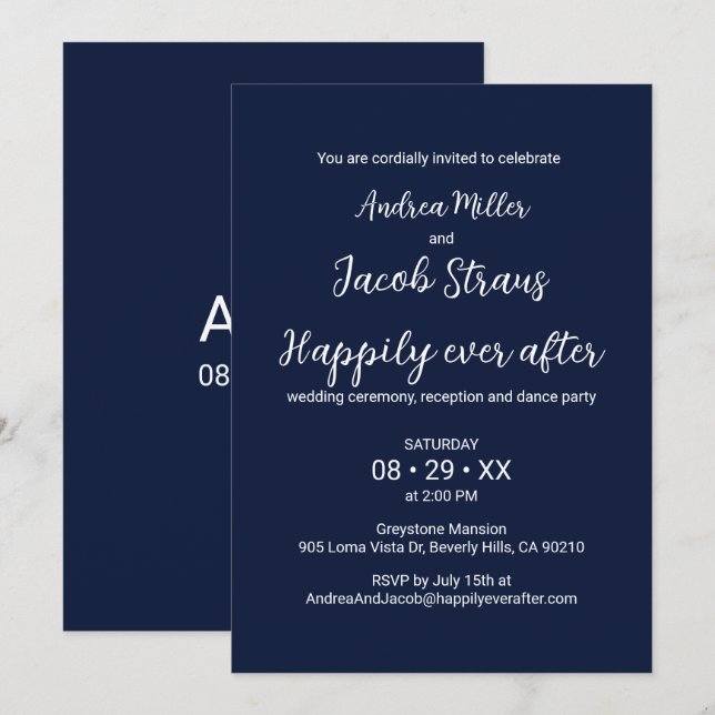 Elegant Navy Blau Weiß glücklich je nach Hochzeit Einladung (Vorne/Hinten)