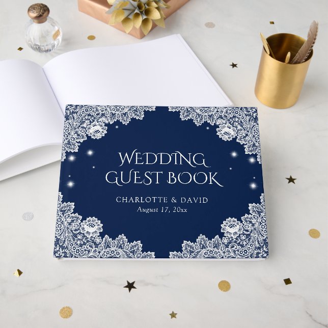 Elegant Navy Blauer Blumenstrauß Hochzeit Gästebuch (Vorderseite Offen)
