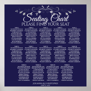 Elegant Navy Blue 14 Table Wedding Seating Chart Poster