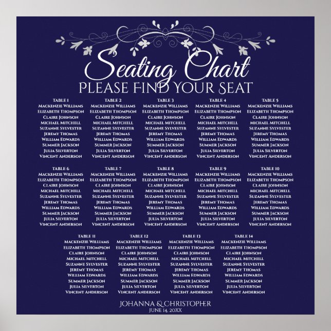 Elegant Navy Blue 14 Table Wedding Seating Chart Poster (Vorne)