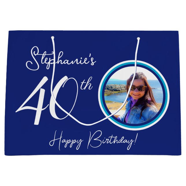 Elegant Navy Blue 40. Geburtstag Foto Große Geschenktüte (Vorderseite)