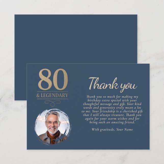 Elegant Navy Blue 80 & Legendary Birthday Foto Dankeskarte (Vorne/Hinten)