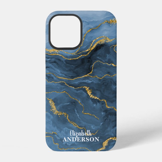 Elegant Navy Blue Agate Geode Marble Monogram iPhone 12 Hülle (Rückseite)